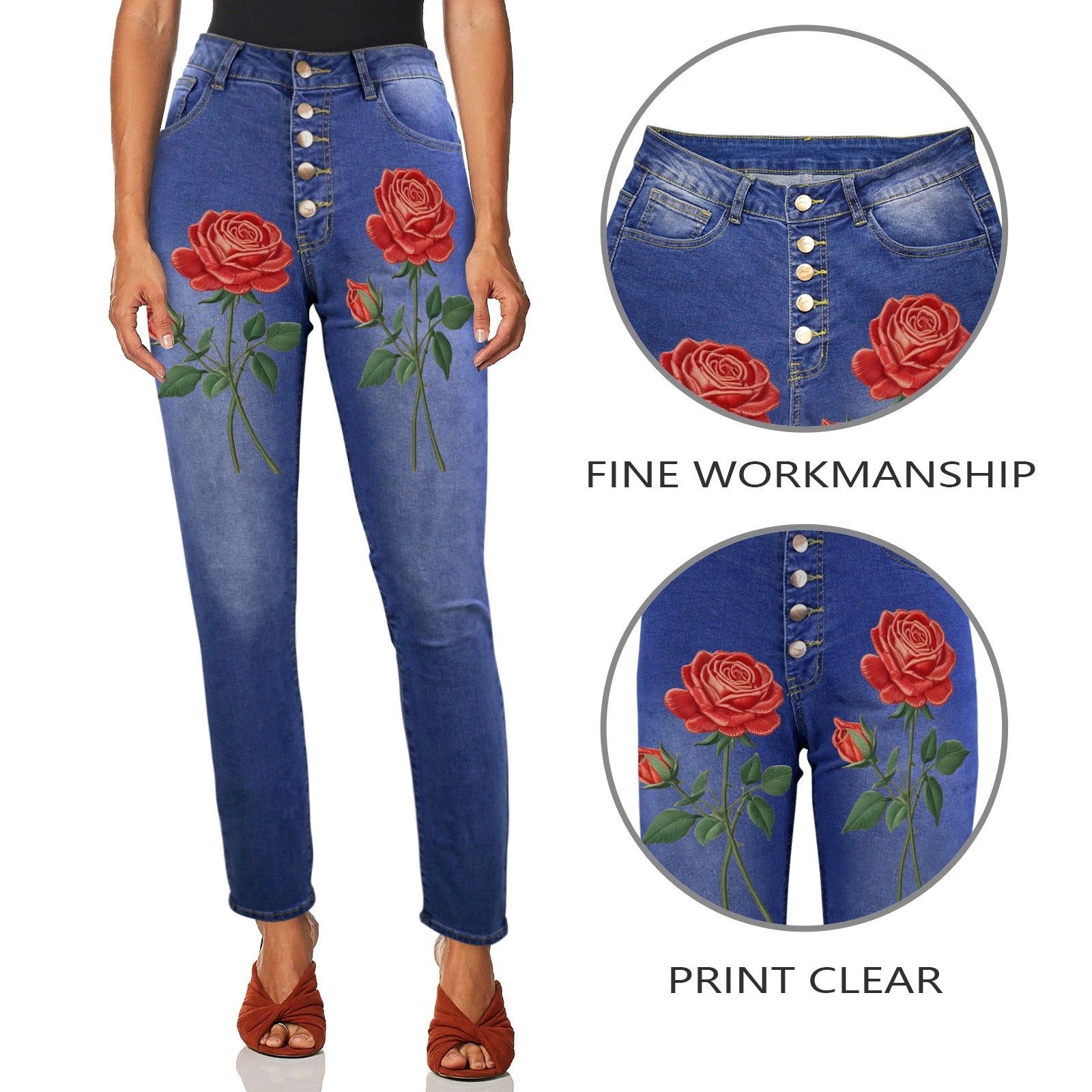 R&RH Red Roses Womens Jeans Women's Jeans (Front Printing)