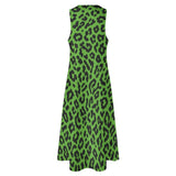 Emerald leopard print sleeveless ankle-length maxi dress with small V-neck, side pockets, and empire waist — product detail