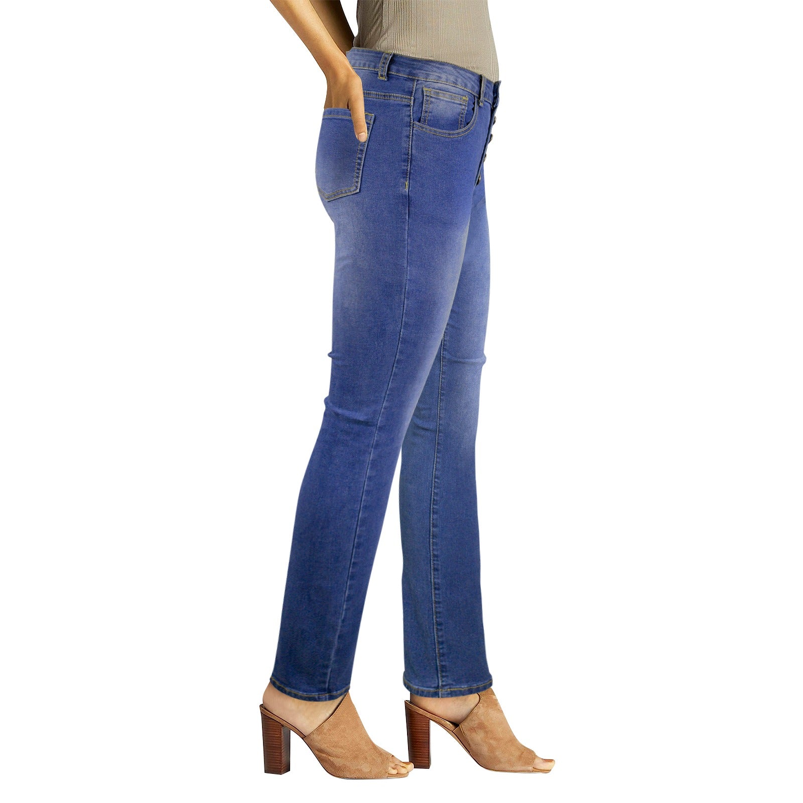Women's high-waist blue jeans with button-front closure and four pockets — alternate view