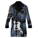 Knee-length blue double-breasted men's coat with notch lapel and sherpa fleece lining — rear view