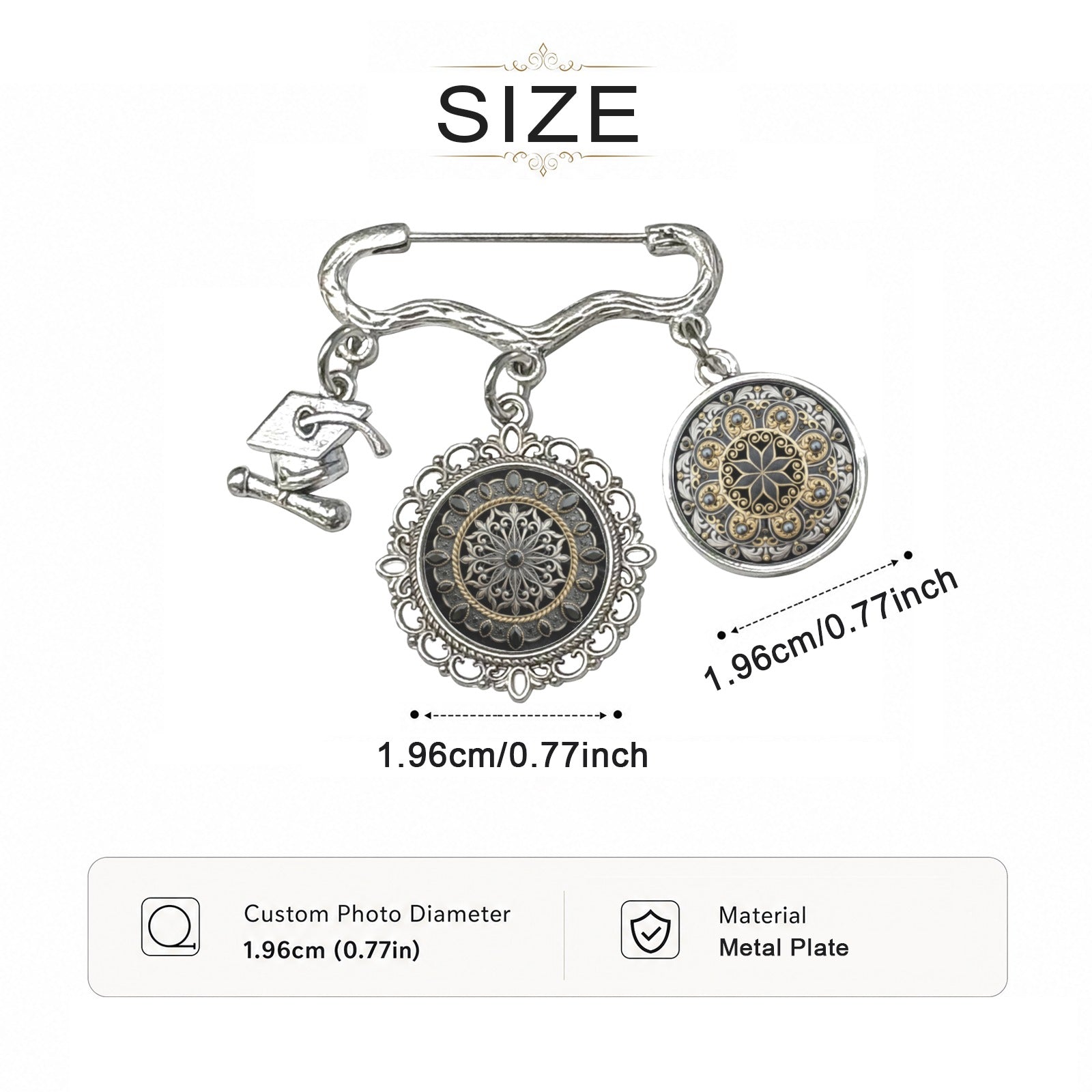 Black and gold baroque-style brooch with two round photo charms and a graduation cap charm — alternate view