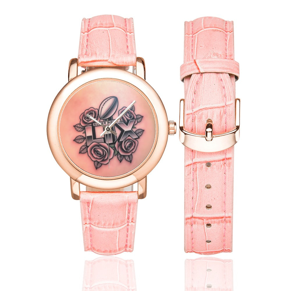 R&RH Pink Roses Women's Rose Gold Watch with Leather Strap Model 201