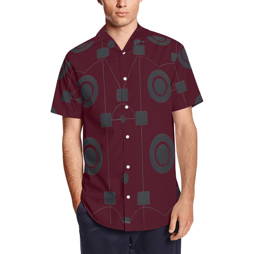 R&RH Burgancy Geometric Men's Short Sleeve Shirt with Lapel Collar Model T54