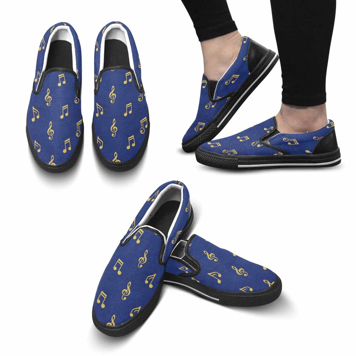 Blue canvas slip-on shoe with musical notes print, cushioned footbed and elastic goring — additional view 8