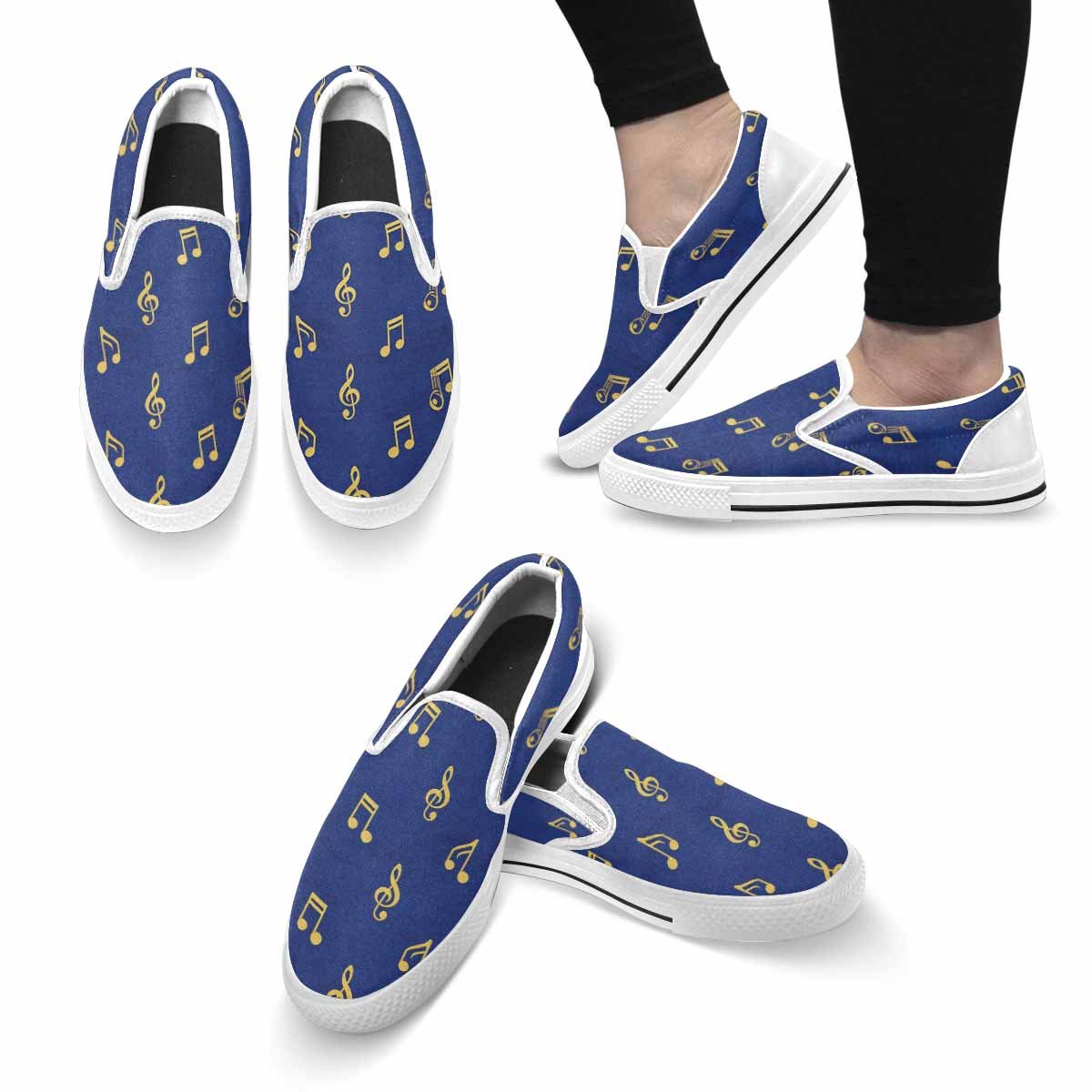 Blue canvas slip-on shoe with musical notes print, cushioned footbed and elastic goring — side view