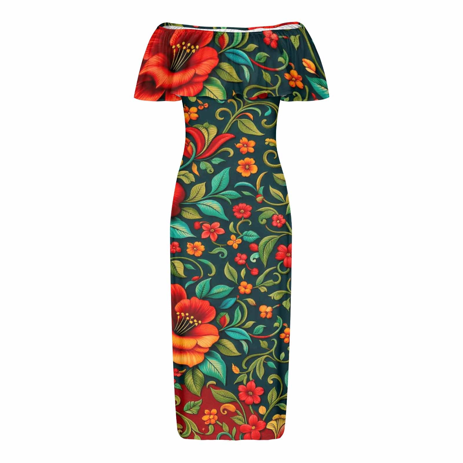 Rich and Rich Embroidered Floral Multicolor Women’s Off Shoulder Ruffle Boat Neck Dress