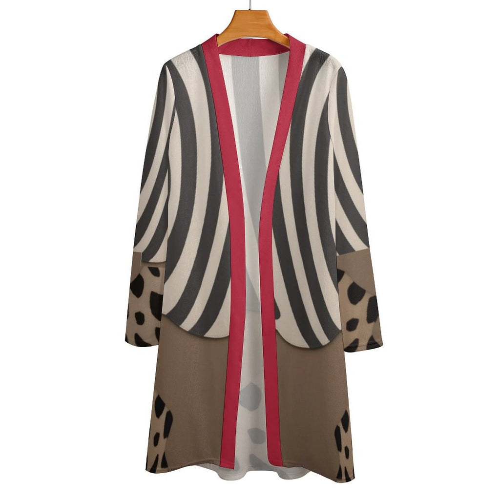 Rich and Rich Women's Brown Beige Red Striped Mid-Length Cardigan Front View