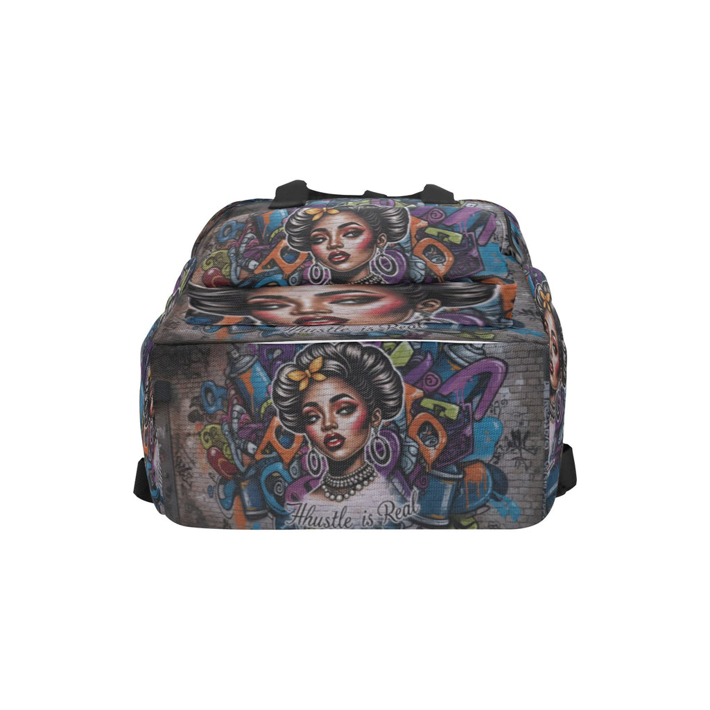 Rich and Rich The Hustle Is Real graffiti twin handle backpack in black with colorful street art design
