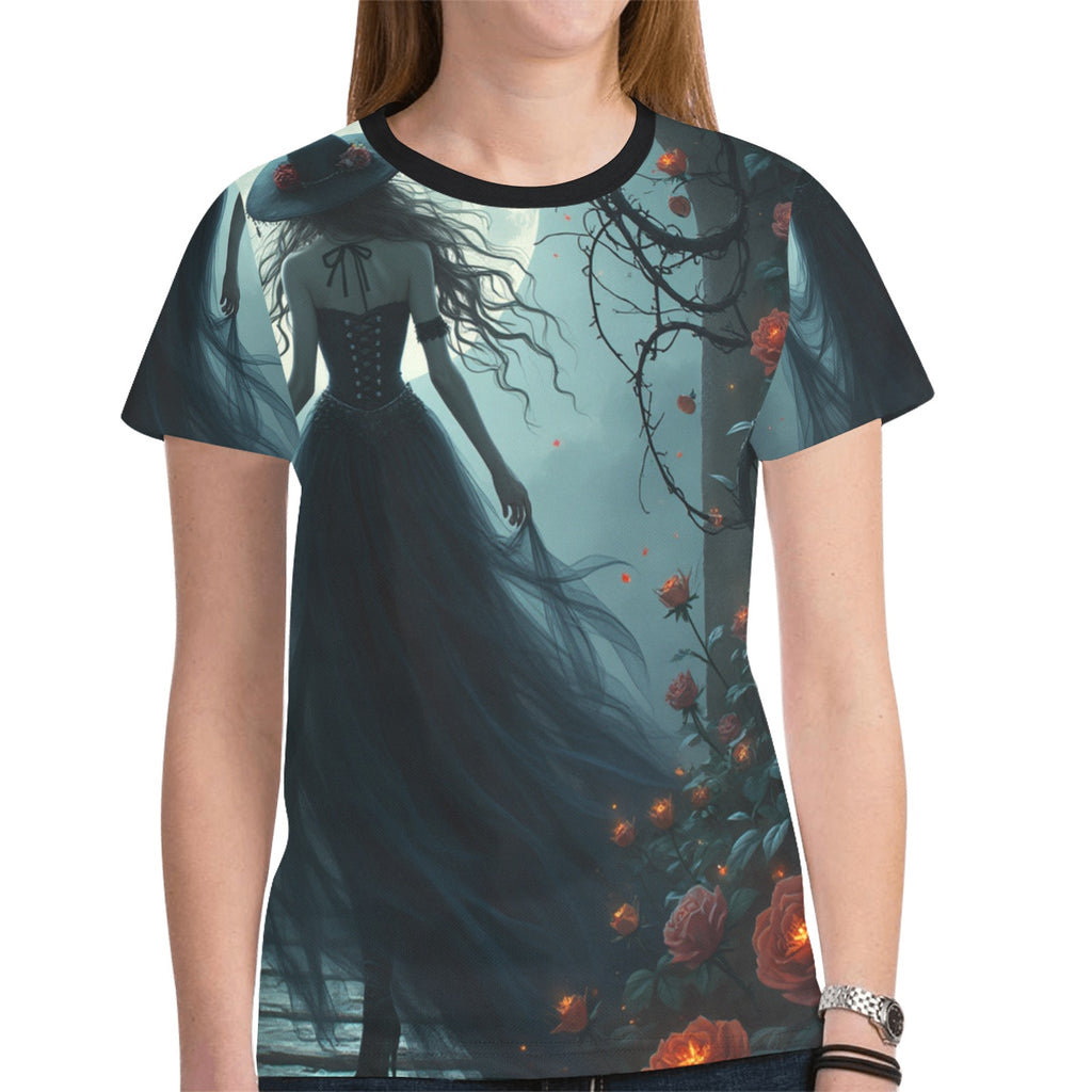 Rich and Rich Halloween Women's Graphic All-Over Print T-Shirt in black with festive Halloween design
