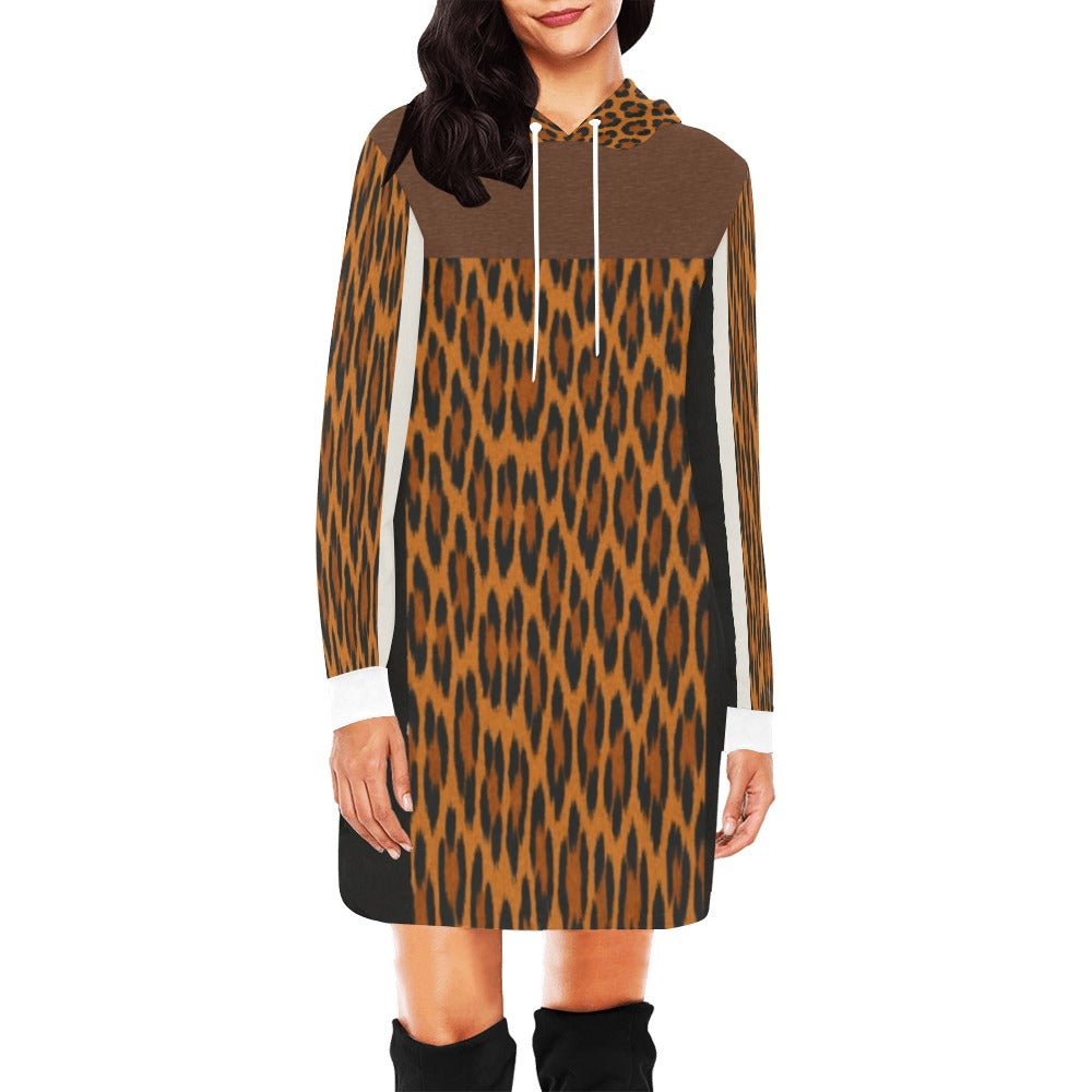 Oversized black and white animal print hoodie dress with hood, long sleeves and deep pockets — alternate view