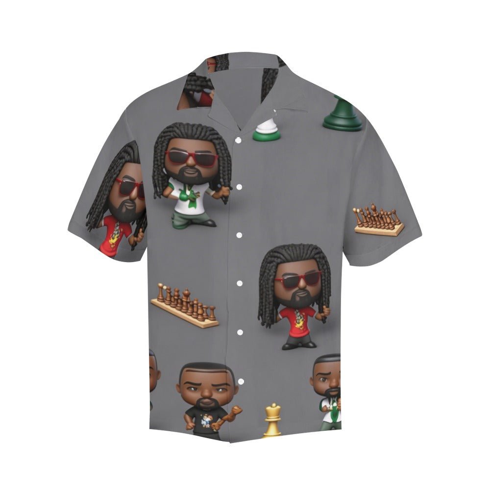 Gray short-sleeve Hawaiian shirt with caricature all-over print and notch lapel collar — side view