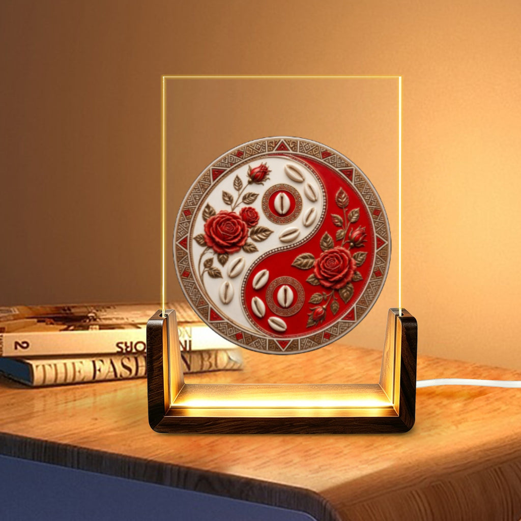 Rich and Rich Tribal Elegance Yin-Yang Acrylic Night Light 5 x 7 with Walnut Base - Rich and Rich Homeopportunities