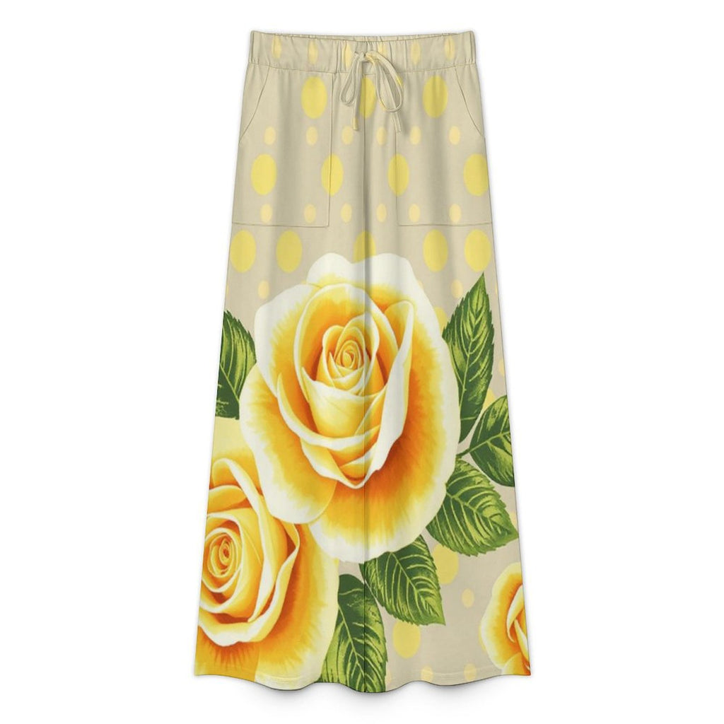 Yellow rose and polka dot wide-leg women's pants with adjustable waist and pockets