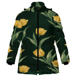 Women's emerald green puffer coat with yellow tulip floral print and detachable hood — product detail