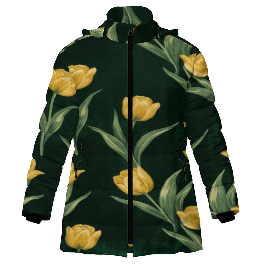 Rich and Rich Women's Emerald Green and Yellow Tulips Hooded Puffer Coat | Luxury Floral Winter Jacket with Detachable Hood - Rich and Rich Homeopportunities