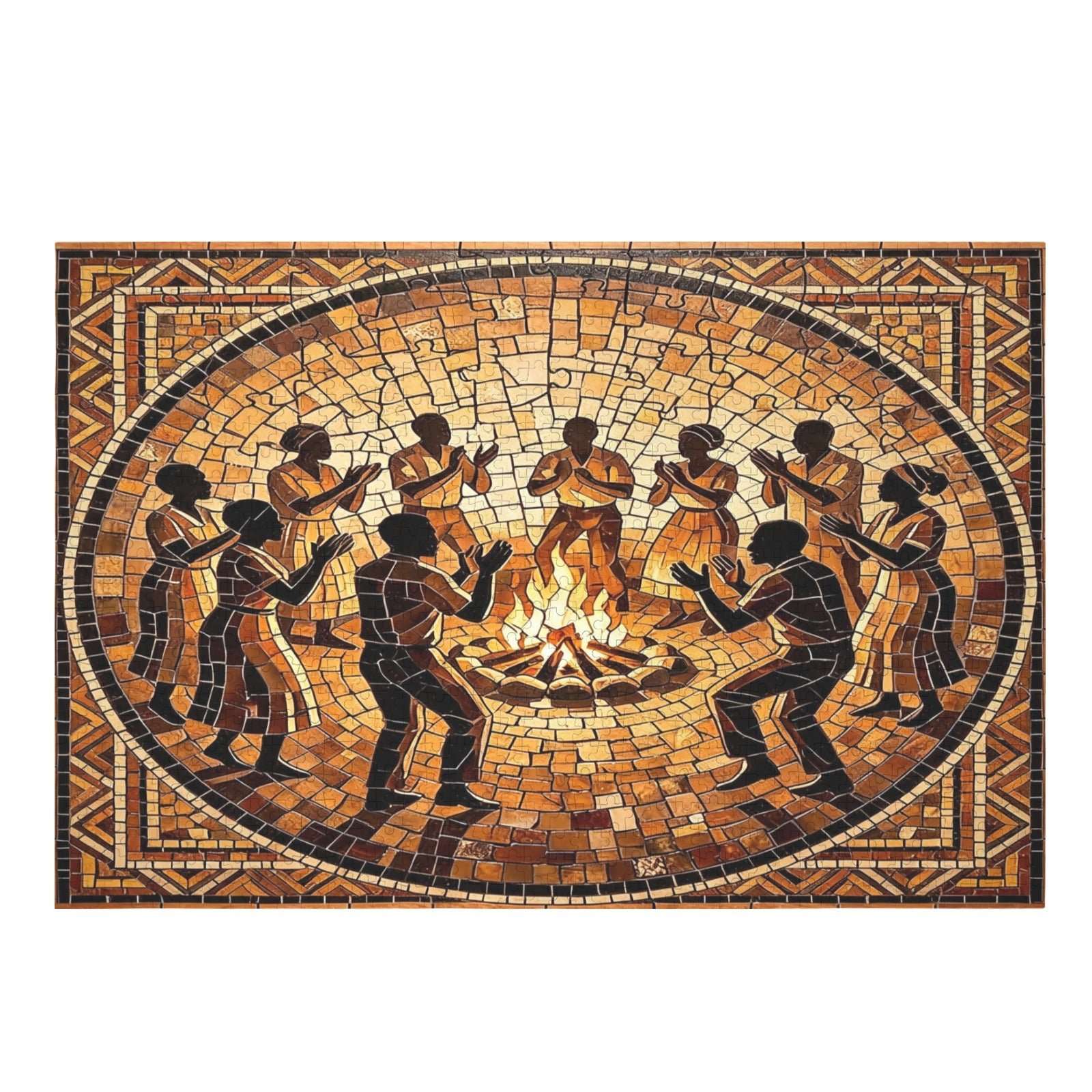 1000-piece wooden mosaic puzzle of figures dancing under firelight, warm tones — alternate view