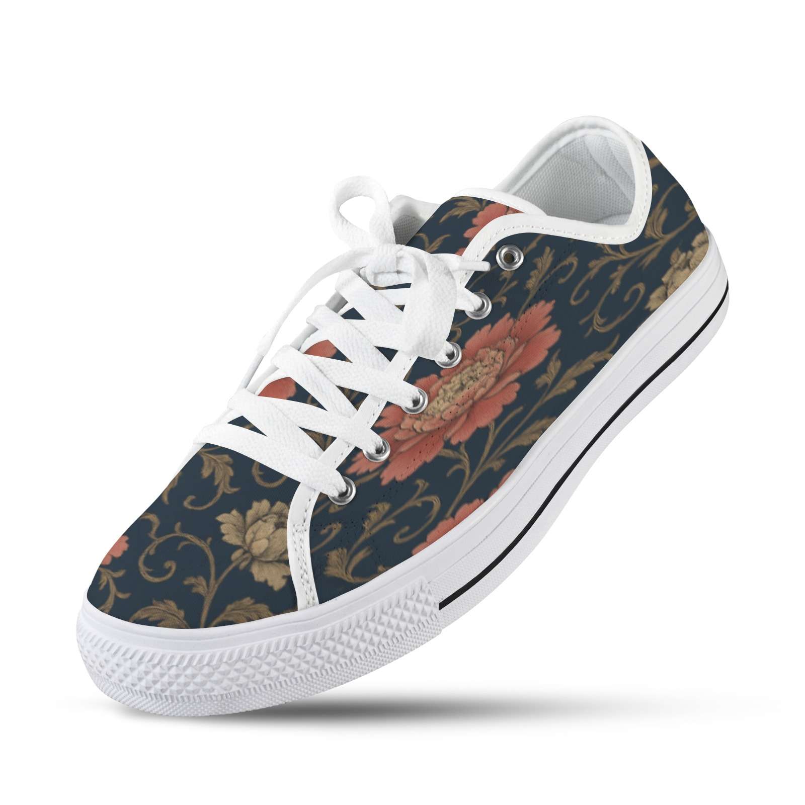 Blue floral low-top women's sneaker with nylon canvas body and rubber outsole — additional view 10