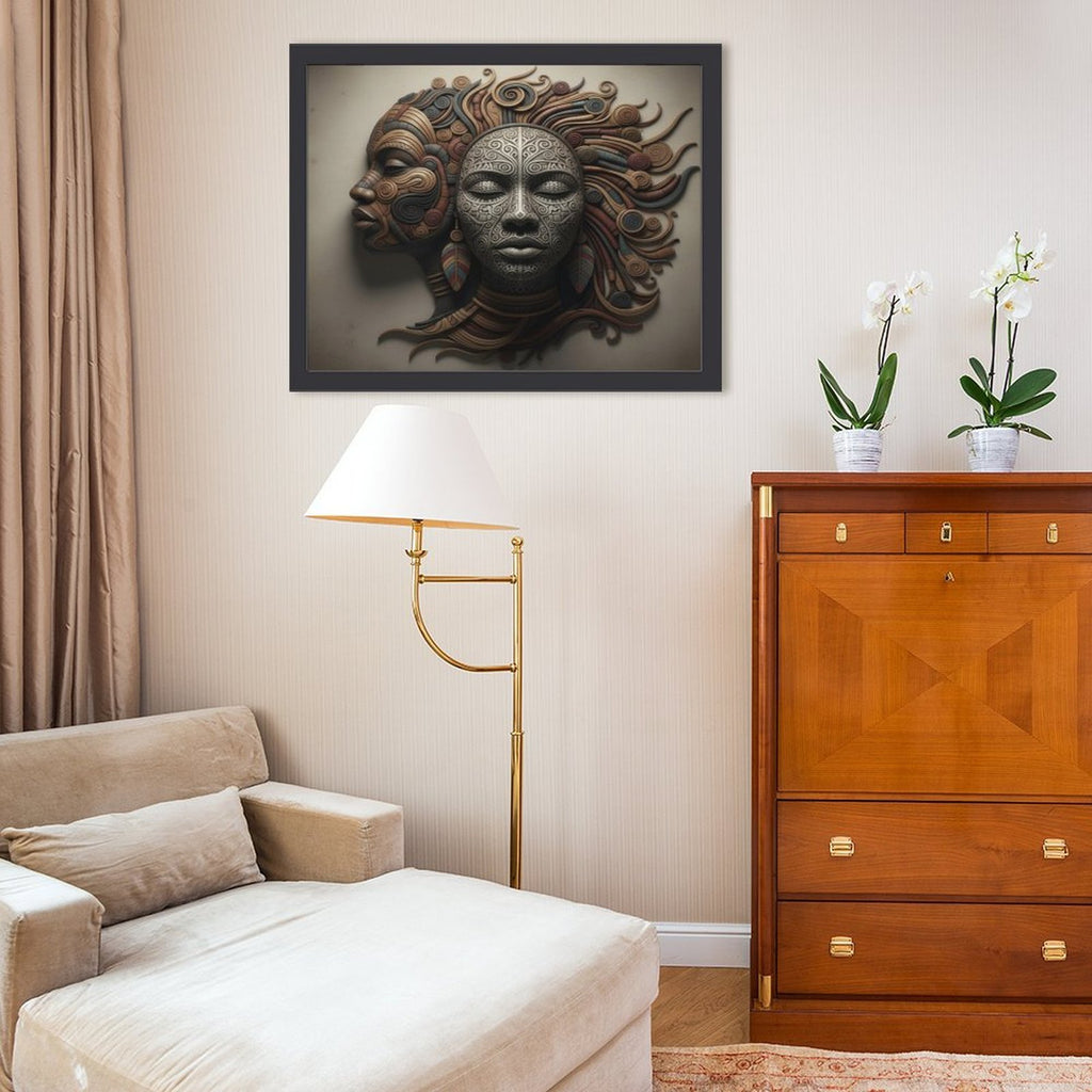 Rich and Rich Home 12x16 wood framework painting featuring abstract faces art