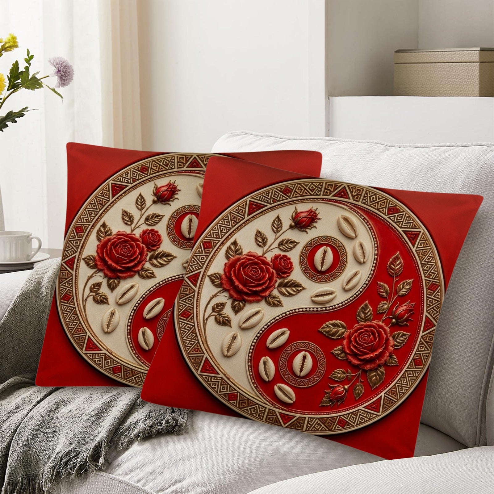 Two crimson tribal-pattern faux linen throw pillows 18 x 18 with soft inserts — alternate view