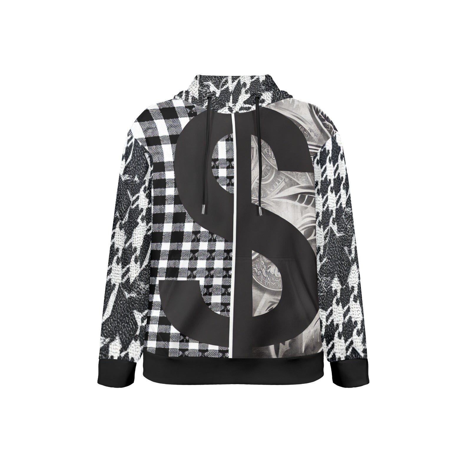 R&RH Black and White Checker Men's Long Sleeve Hoodie with drawstring hood and kangaroo pocket