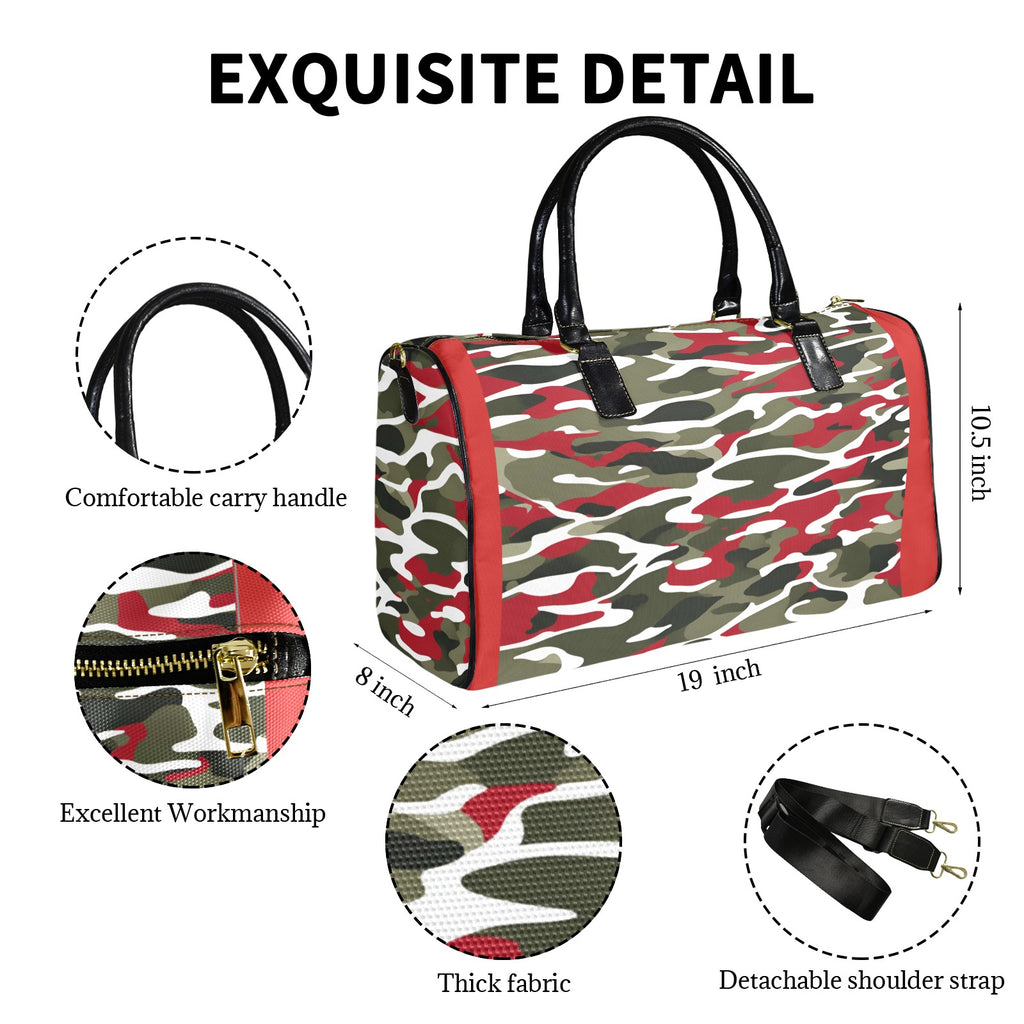 R&RH black large capacity unisex travel shoulder bag with camouflage and red accents