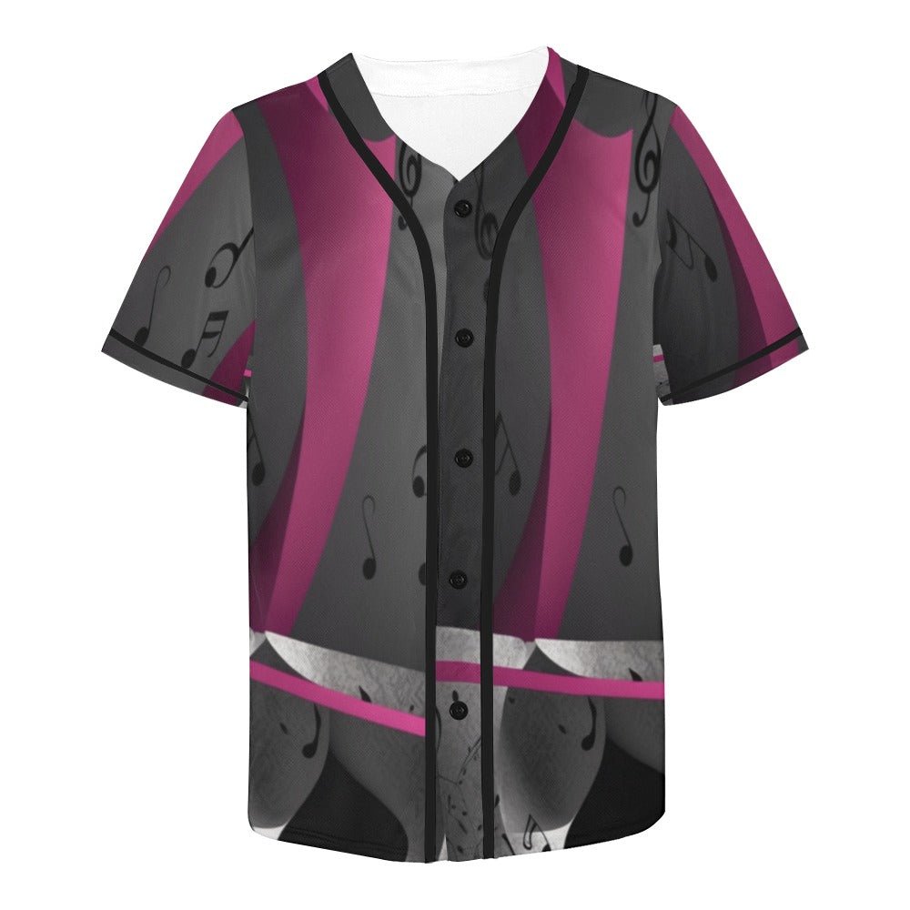 Magenta full-button baseball jersey with all-over musical notes print and rounded hem — side view