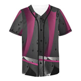 Magenta full-button baseball jersey with all-over musical notes print and rounded hem — side view