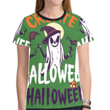 Green witches-themed women's all-over print T-shirt in polyester mesh
