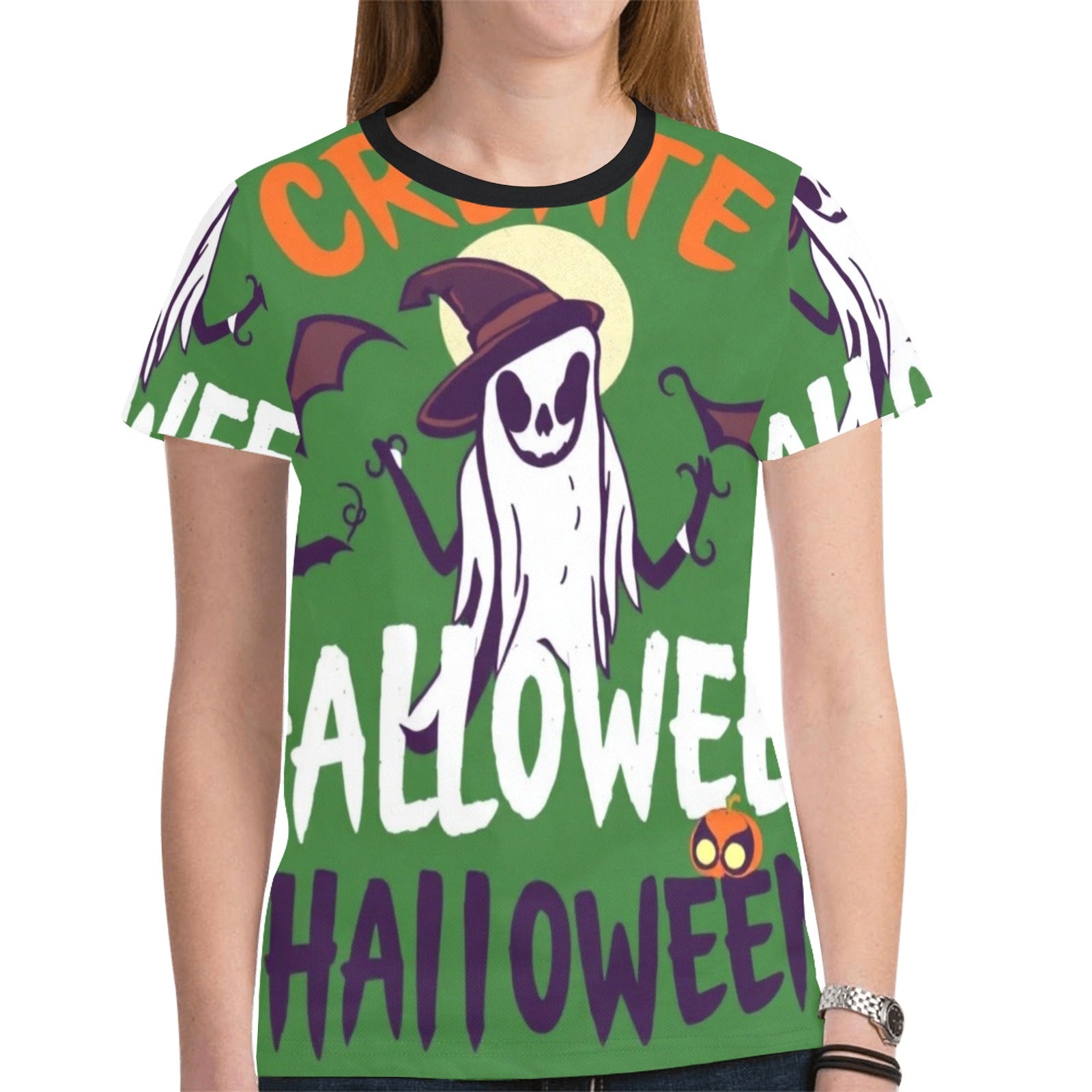 Green witches-themed women's all-over print T-shirt in polyester mesh