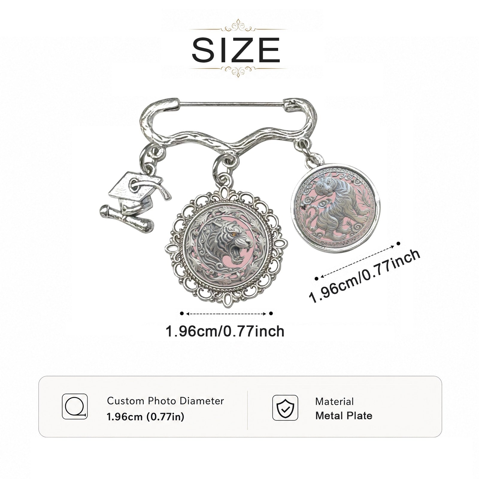 Double photo charm brooch with Majestic Tiger design and a small graduation cap charm — alternate view
