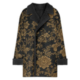 Black men's double-breasted coat with gold floral brocade pattern and sherpa lining — alternate view