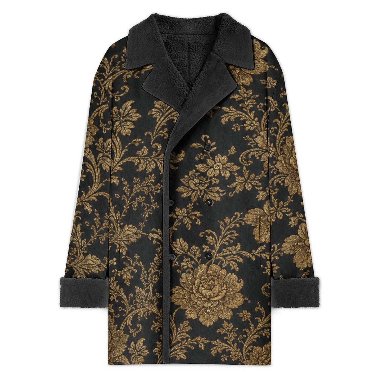 Black men's double-breasted coat with gold floral brocade pattern and sherpa lining — alternate view