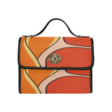 Orange abstract bomber jacket with canvas low-top shoes and a waterproof canvas tote with PU leather handles — product detail