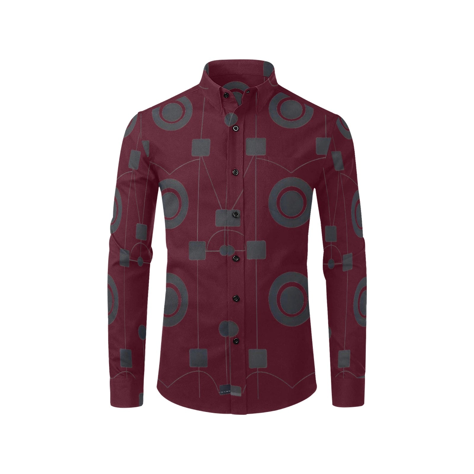 Men's long-sleeve burgundy geometric dress shirt with button-down collar and chest pocket — product detail