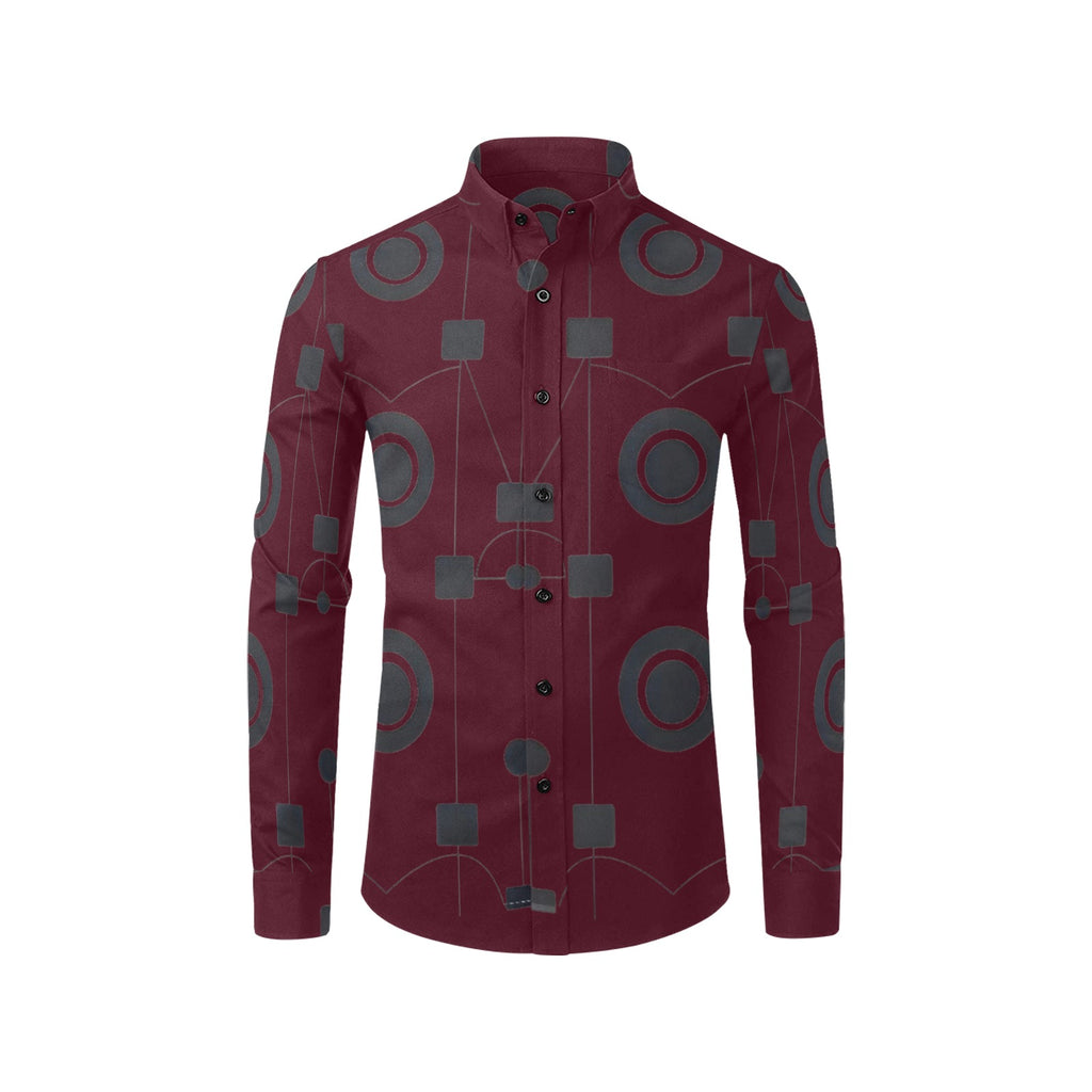 R&RH Burgundy Geometric Men's Long Sleeve Casual Dress Shirt with Chest Pocket