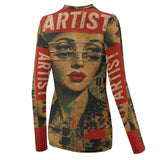 Women’s red multi-color long-sleeve shirt with artistic all-over print and stretch fabric — additional view 7