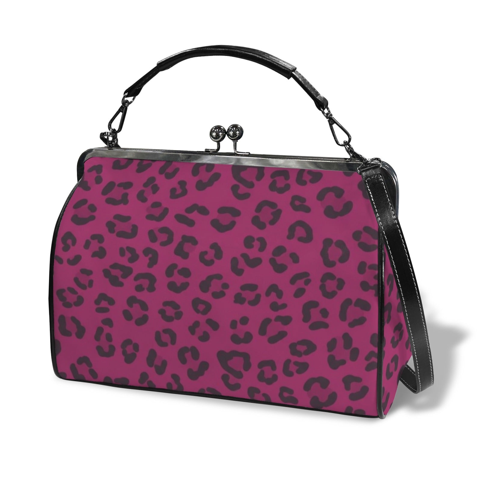 Magenta animal-print kisslock crossbody bag in waxed PU with top handle — alternate view