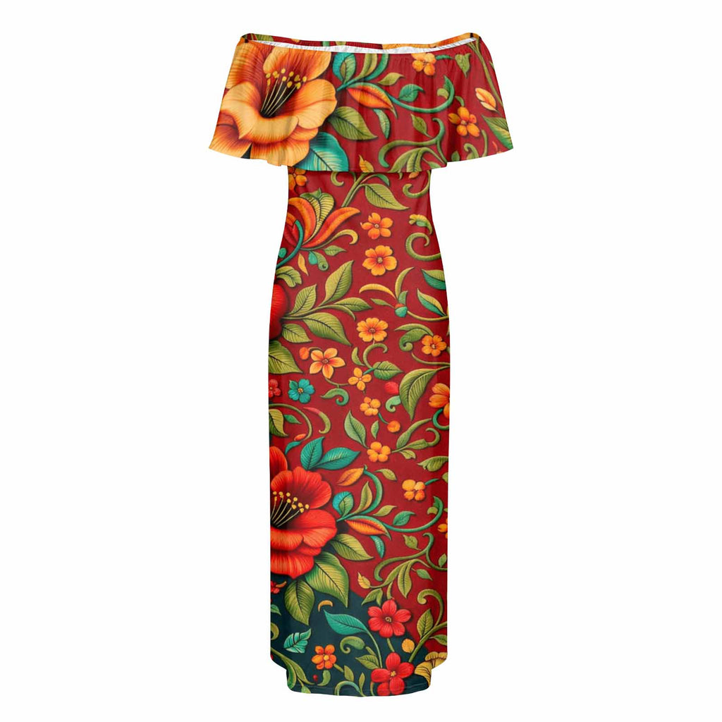 Rich and Rich Embroidered Floral Multicolor Women’s Off Shoulder Ruffle Boat Neck Dress