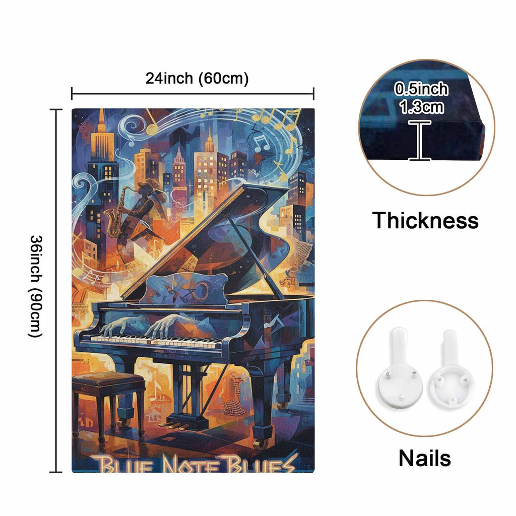 Rich and Rich Blue Note Blues 24x36 canvas wall art in blue tones hanging on a living room wall
