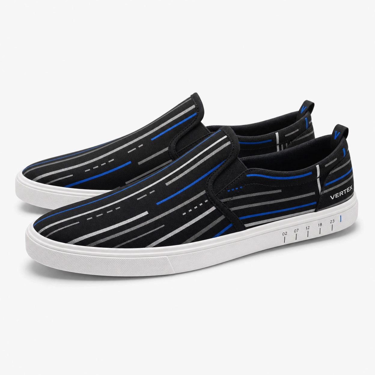 Vertex Algorithm Stripe Slip-On Shoe Slip-On Shoe in black with electric blue geometric Vertex menswear design