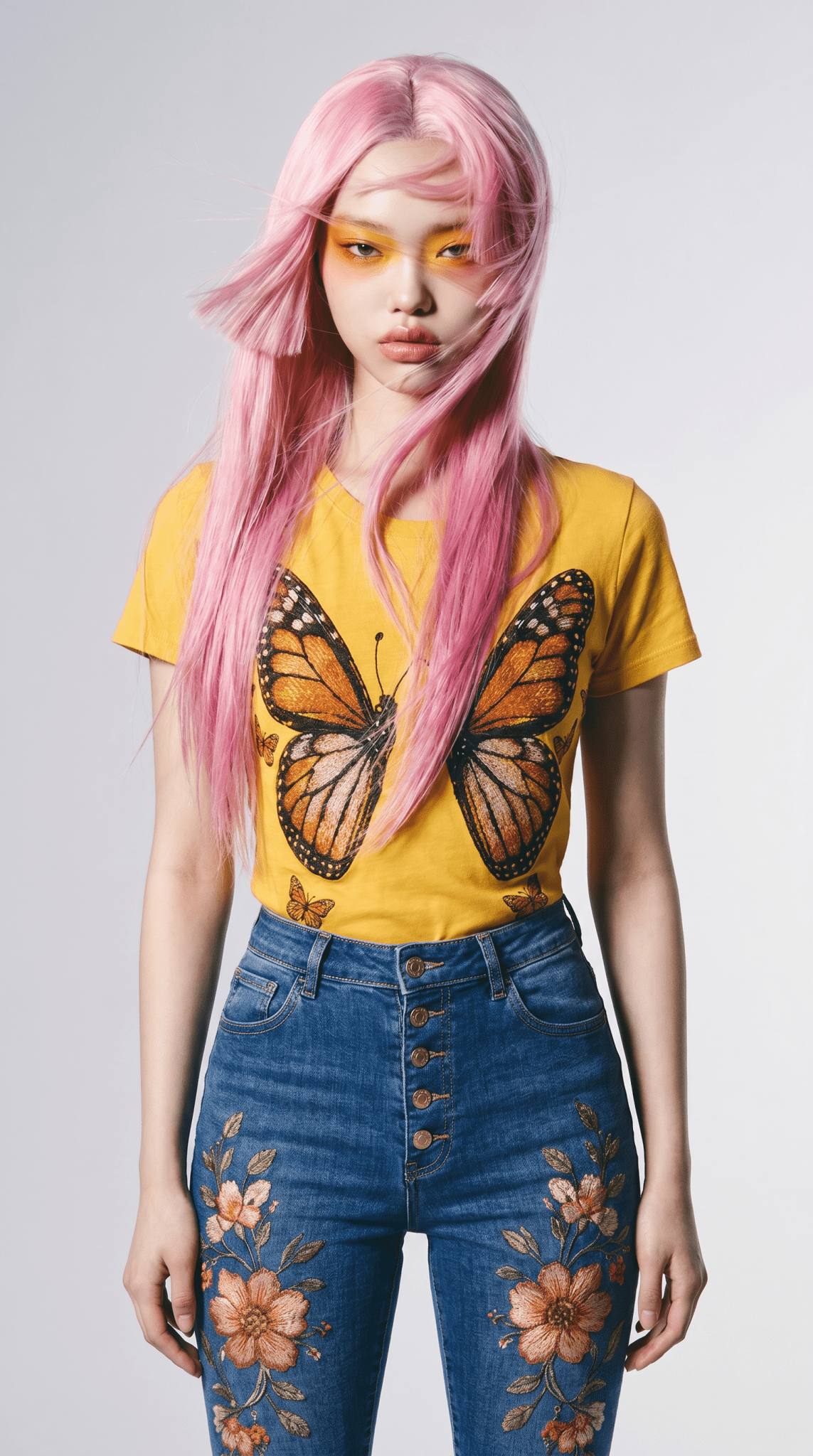 Close-up of Yellow Monarch Butterfly Graphic Tee and Denim Waistband Detail