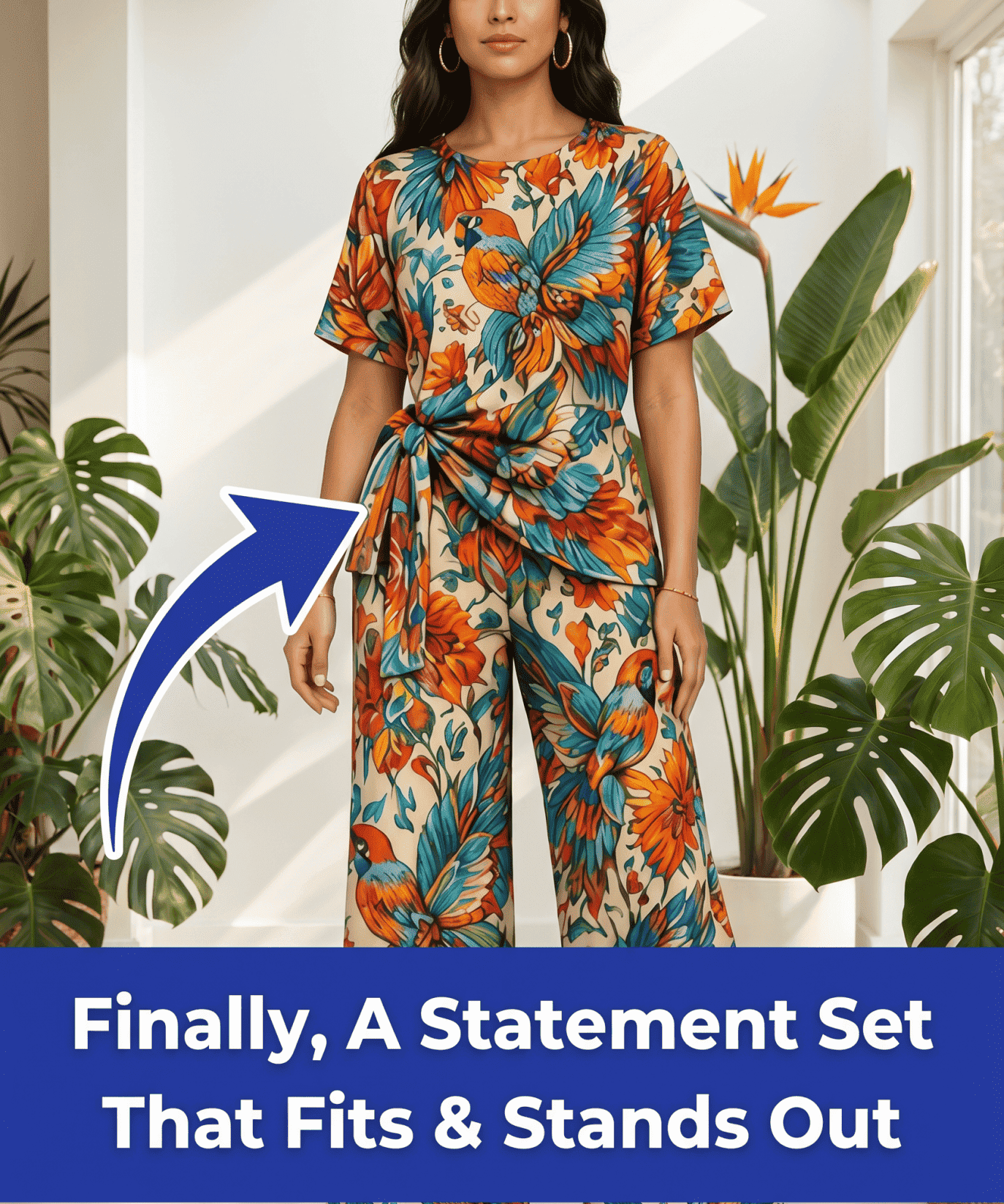 Two-piece colorful bird print women's set with side-tie short-sleeve top and wide-leg pants — alternate view