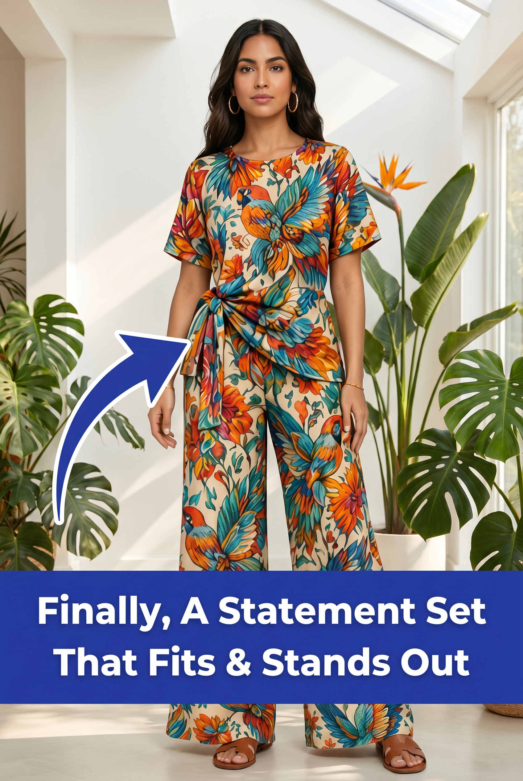 Rich & Rich Women's Colorful Bird Side-Tie Top & Wide-Leg Pants Set