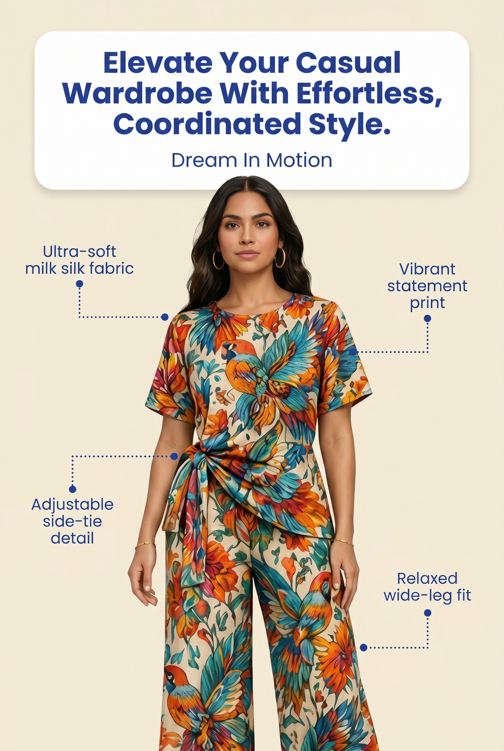 Rich & Rich Women's Colorful Bird Side-Tie Top & Wide-Leg Pants Set