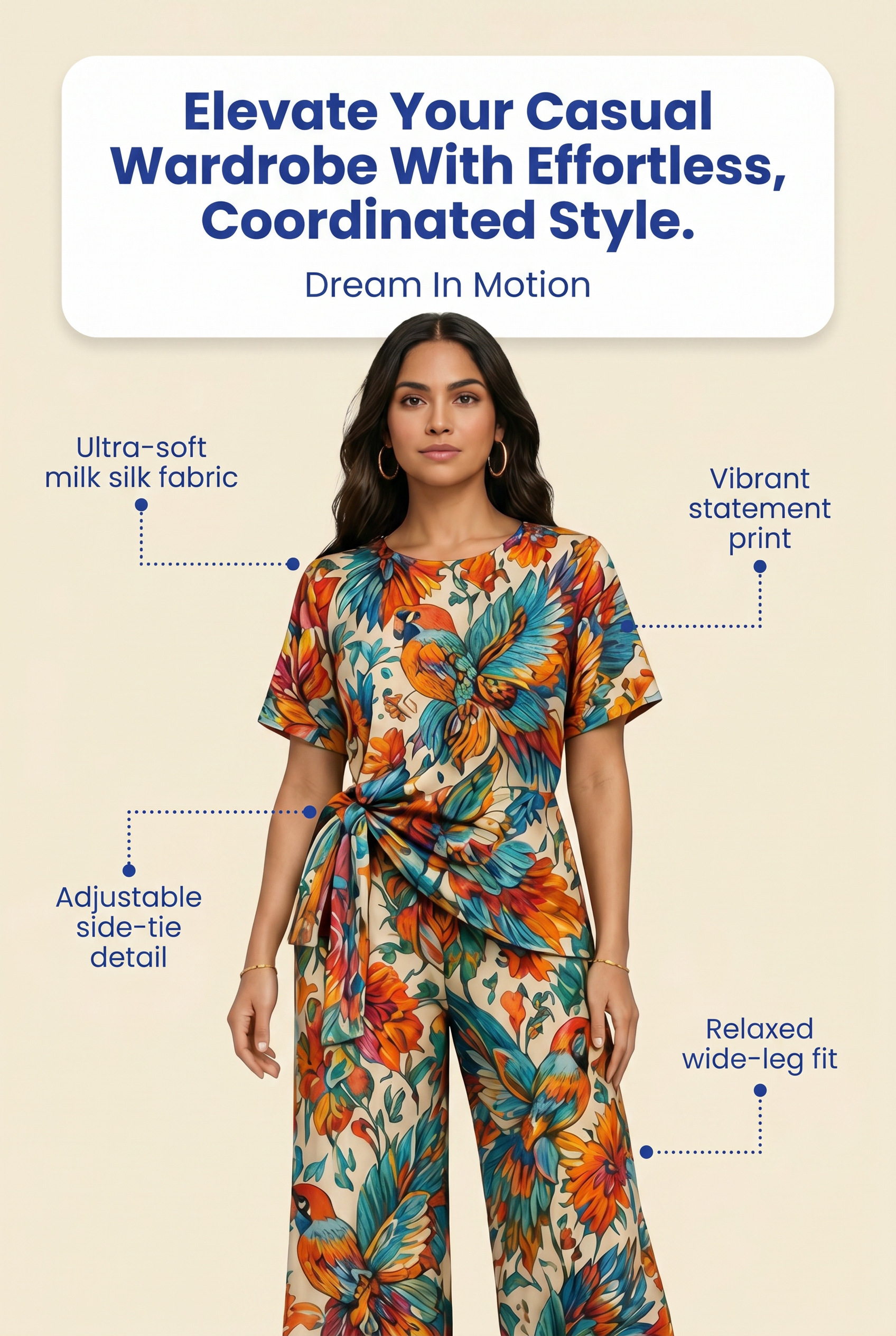 Rich & Rich Women's Colorful Bird Side-Tie Top & Wide-Leg Pants Set