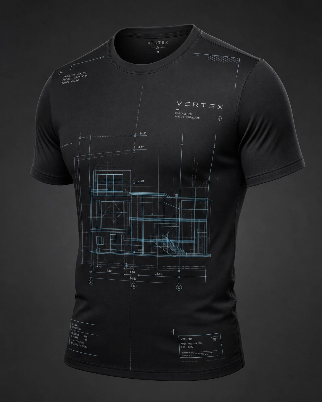 Vertex Blueprint Layer T-Shirt in black with silver geometric Vertex menswear design