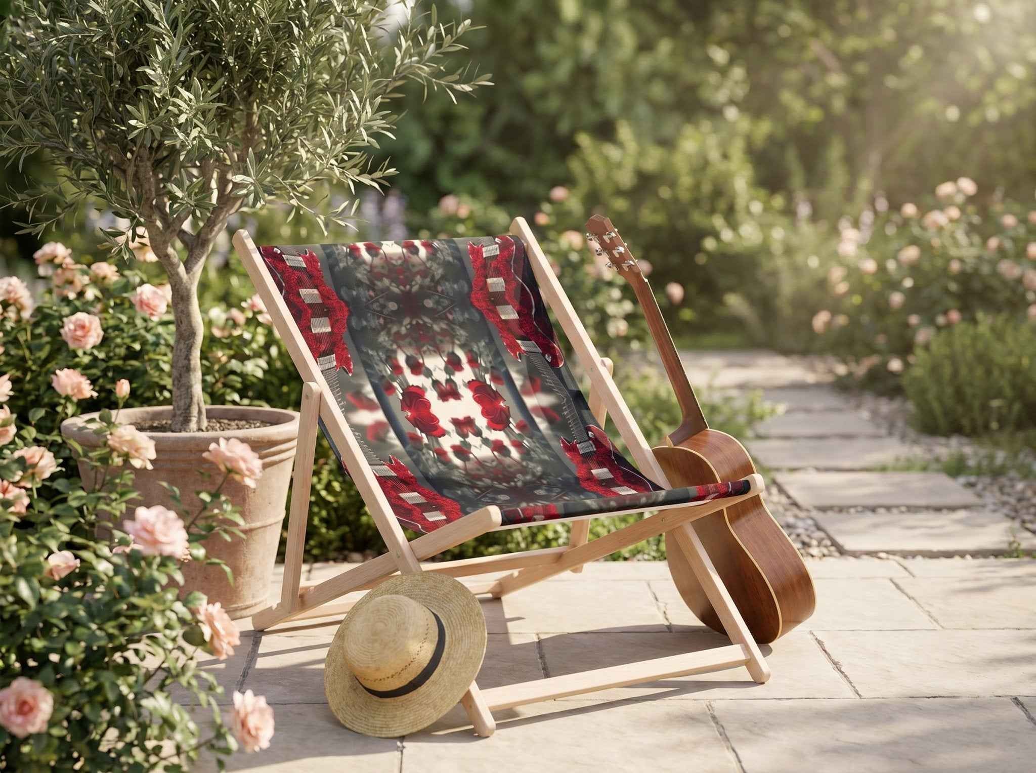 Double deckchair with guitar design canvas sling on an FSC beech wood frame, approx. 39" wide — product detail