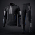 Vertex Monolith Code Tracksuit in black with electric blue geometric Vertex menswear design