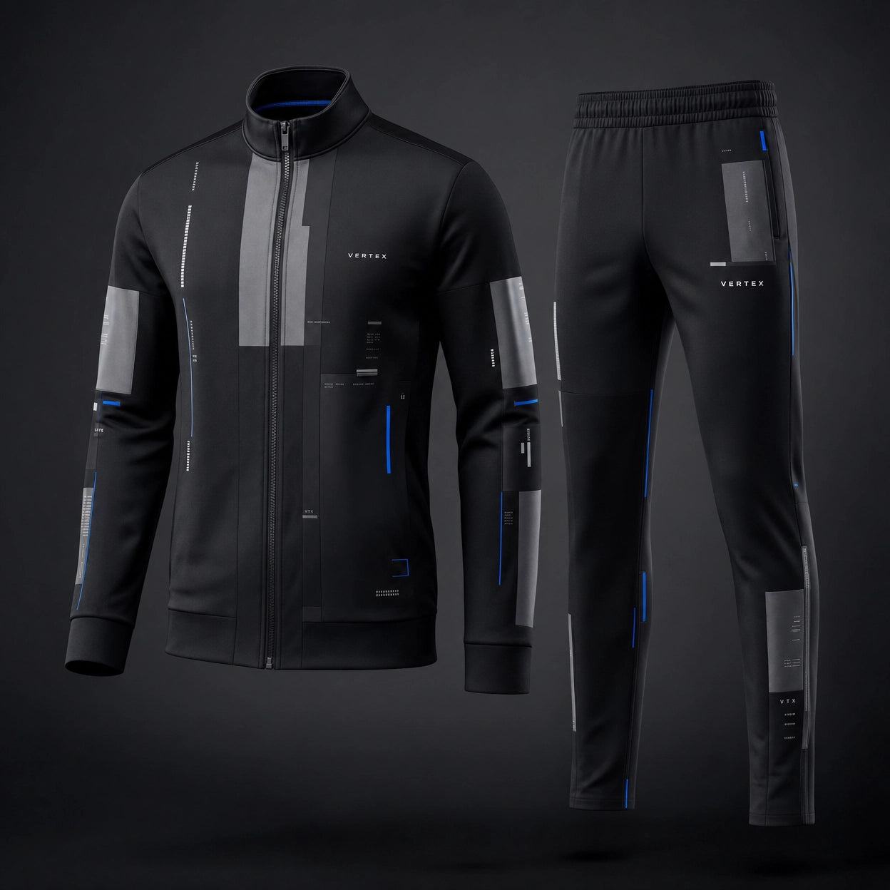 Vertex Monolith Code Tracksuit in black with electric blue geometric Vertex menswear design
