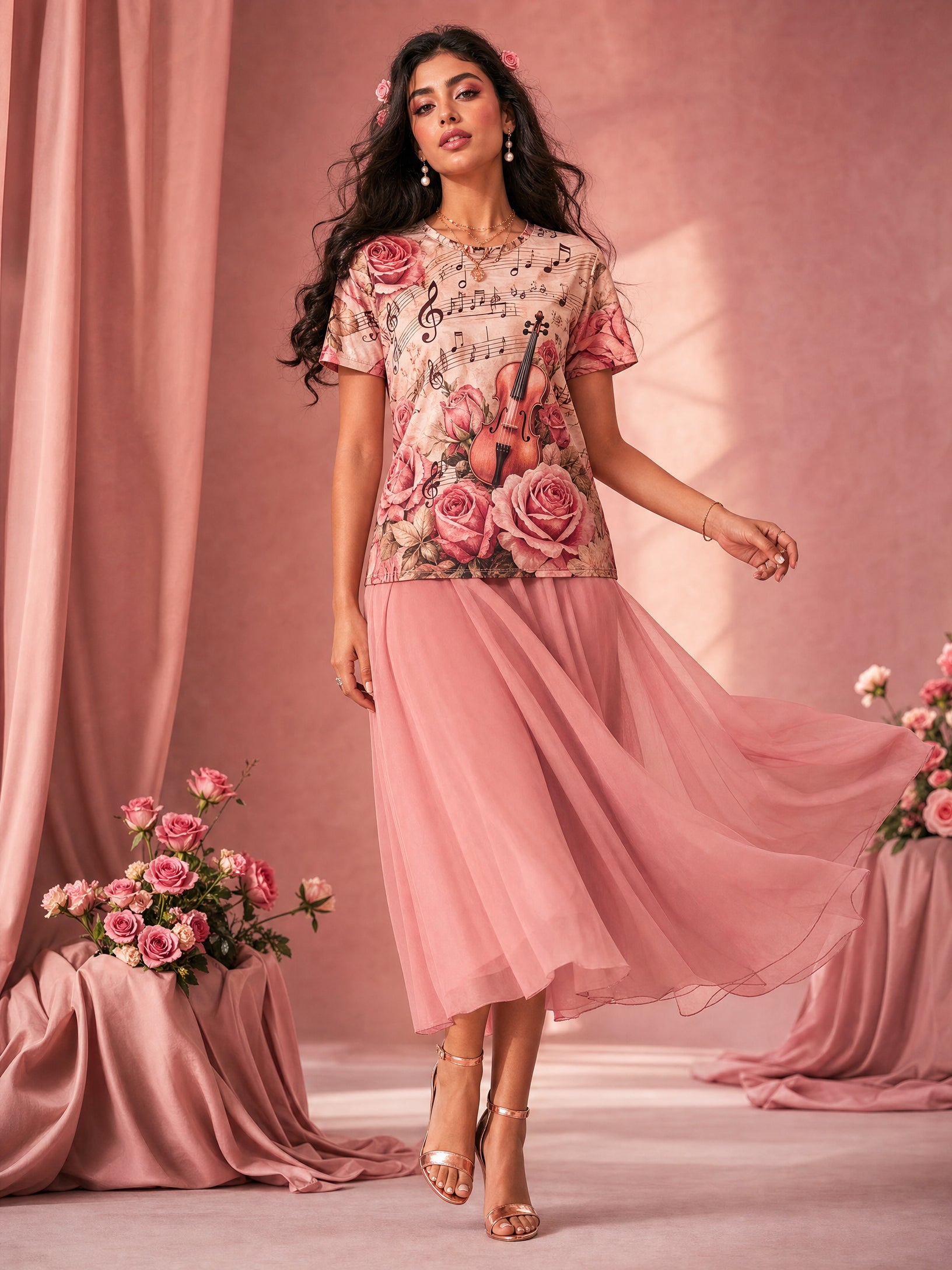 Middle Eastern model with pearl jewelry wearing Roses Violin Music Notes All-Over Print T-Shirt